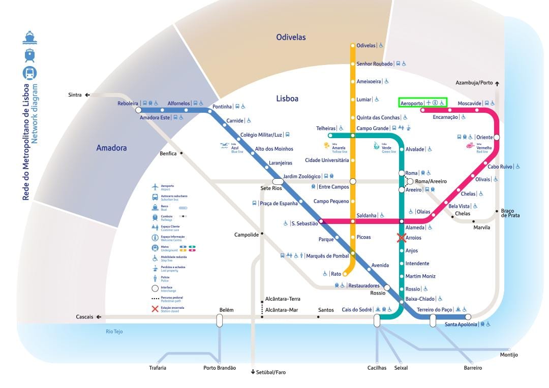 l'aeroporto di lisbona per la città, mappa della metropolitana